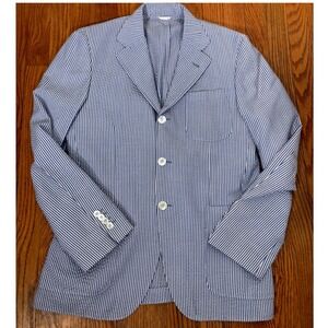Eredi Pisano Blue White Seersucker Striped 3-Button Blazer Men's It 48 US 38